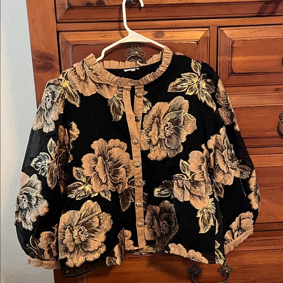 JODIFL Tops - JODIFL Black Beige Gold Shimmering Embroidered Blouse Jacket